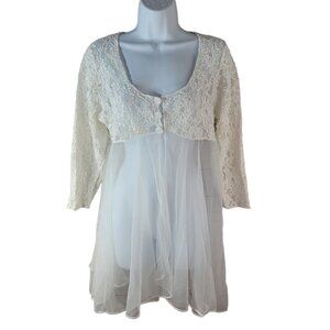 Val Mode Peignoir Robe White Medium Button Wedding Bridal Sheer Chiffon Lace VTG
